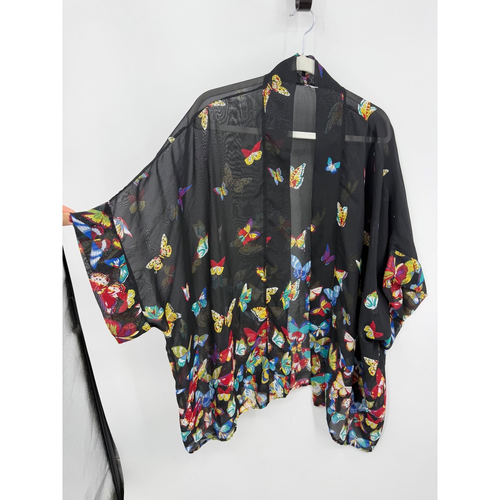 Unbranded Butterfly Print Sheer Kimono‎ Wrap Women Medium Black Multi Open Front